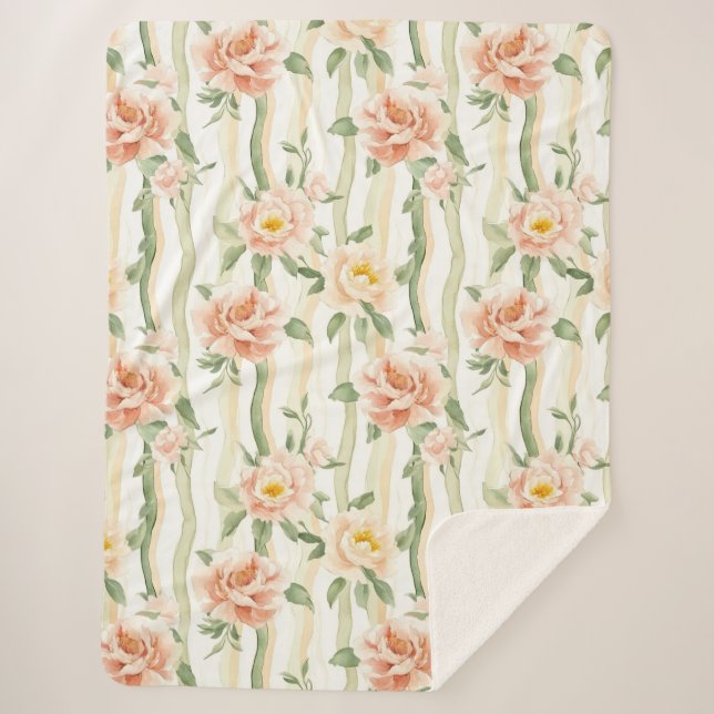 Couverture Sherpa Peach Mint Roses Floral Stripes Birthday (Devant)