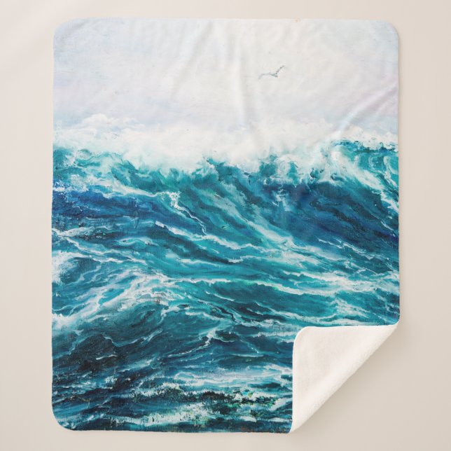 Couverture Sherpa  peinture à l'huile montrant les vagues de l'océan (Devant)