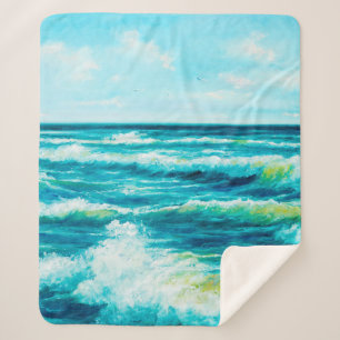 Couverture Sherpa  peinture à l'huile montrant les vagues de l'océan