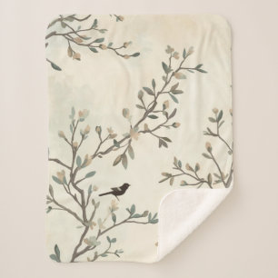 Couverture Sherpa Peinture aquarelle beige branche d'oiseau nature