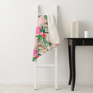Couverture Sherpa Peinture florale de tigre rose blanc joli