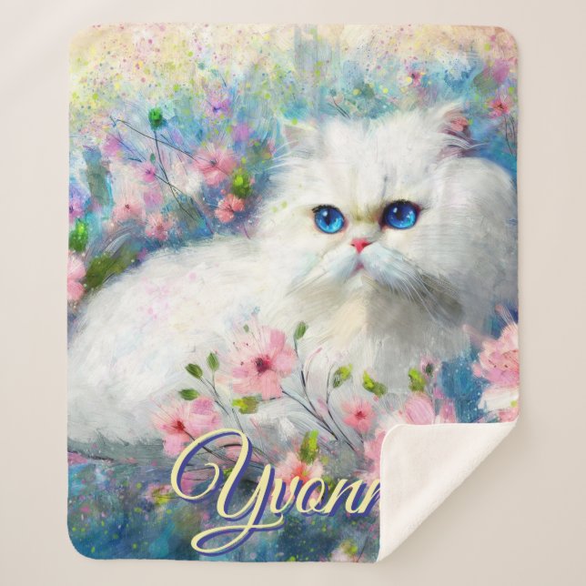 Couverture Sherpa Persian Cat Blue Eyes in Pink Flowers Personalized (Devant)