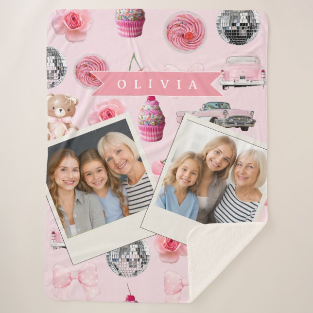 Couverture Sherpa Personalized Pink Coquette Retro Cute Teddy Bear  (Devant)