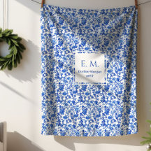 Personalized Royal Blue Floral Toile Cozy Blanket