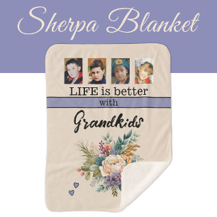 Couverture Sherpa Personnalisé 4 petits-enfants photo fleurs pourpre