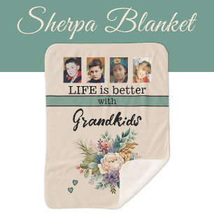 Couverture Sherpa Personnalisé 4 photos petits-enfants fleurs vert