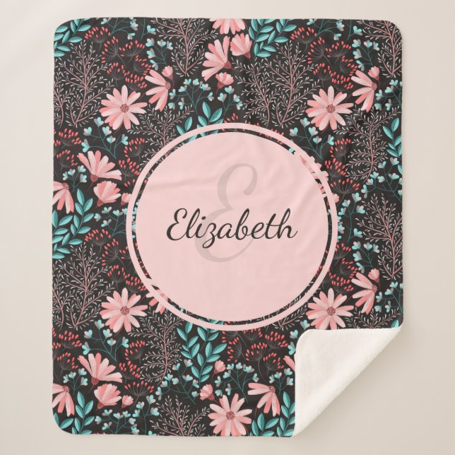 Couverture Sherpa Personnalisé rose et Turquoise floral foncé (Devant)