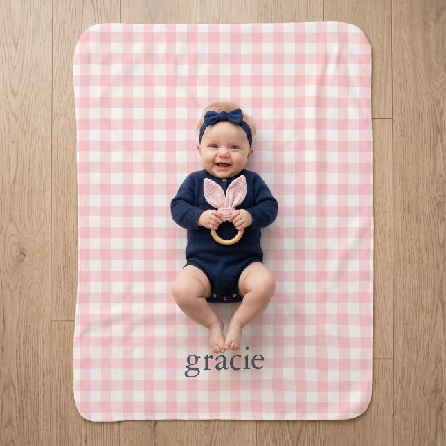 Couverture Sherpa Pétale Rose Gingham Monogrammé (Créateur téléchargé)