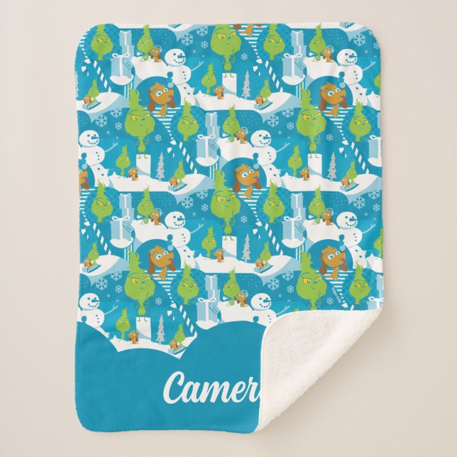 Couverture Sherpa Petit Grinch | Joyeux Motif Turquoise Grinchmas (Devant)