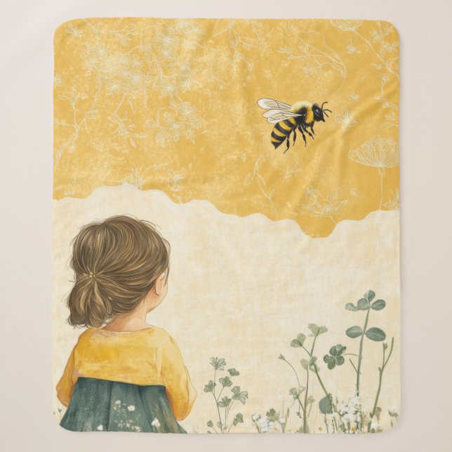 Couverture Sherpa Petite Fille Regardant un Bourdon (Devant)