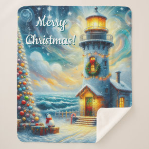 Couverture Sherpa Phare de Noël Arbre Nautique Bleu Côtier