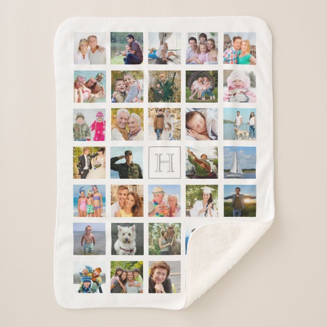 Couverture Sherpa Photo Collage Monogramme Gris blanc (Devant)