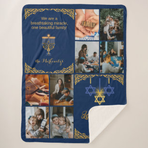 Couverture Sherpa Photo de famille dorée Miracle de Hanukkah Bleu ma