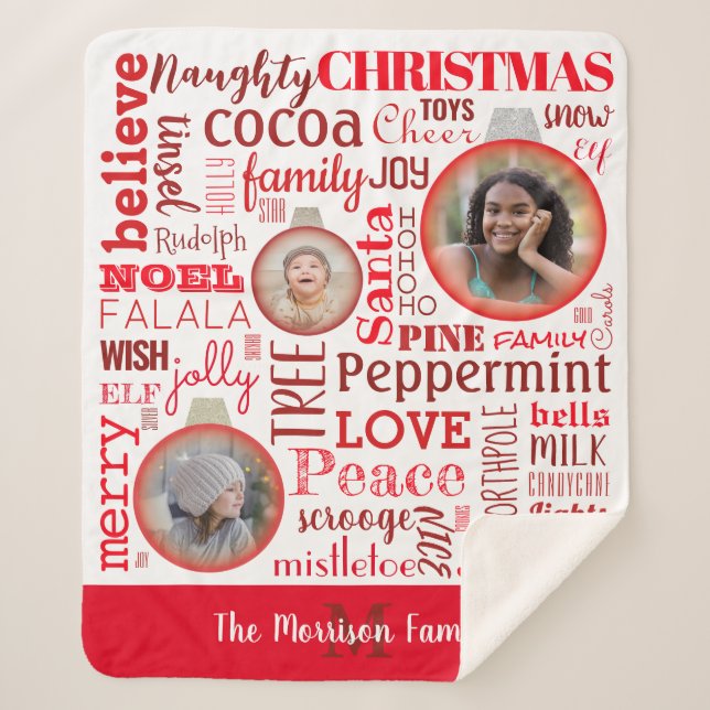 Couverture Sherpa Photo de famille rouge de Noël Monogramme Sherpa B (Devant)