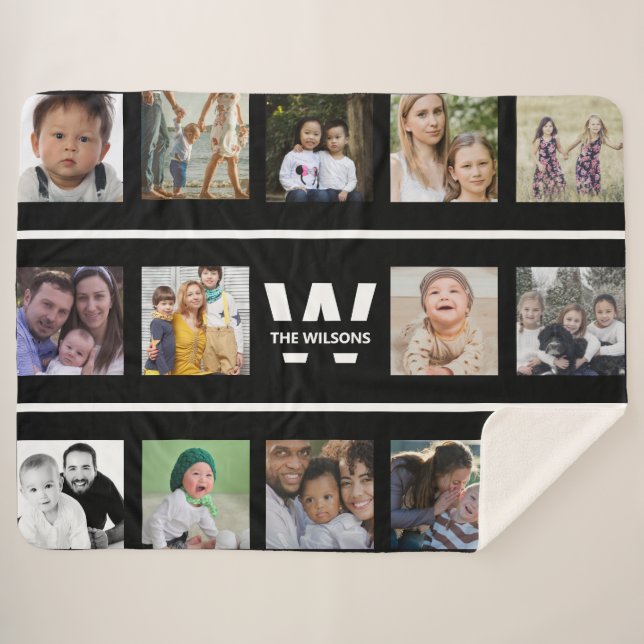 Couverture Sherpa Photos multiples en noir et blanc Monogramme perso (Devant (Horizontal))