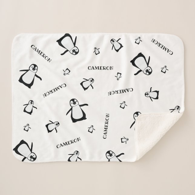Couverture Sherpa Pingouin mignon noir blanc Personnalisé bébé (Devant (Horizontal))