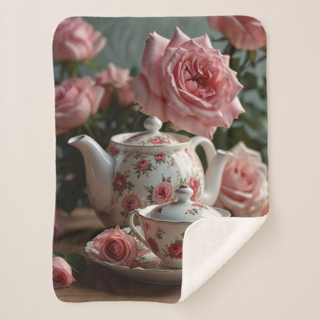 Couverture Sherpa Pink Cabbage Rose Tea  (Devant)