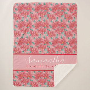 Couverture Sherpa Pink Christmas Floral Poinsettia Nom personnalisé