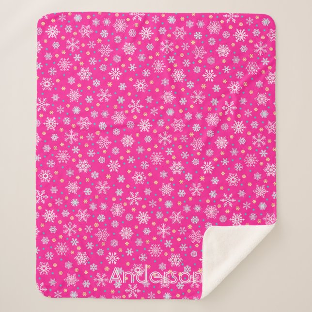 Couverture Sherpa Pink Hot Pink Snowflakes Moderne Chic Nom personna (Devant)