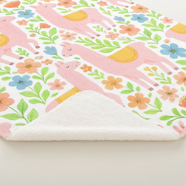 Couverture Sherpa Pink Llamas & Flowers Sherpa Blanket - Customiz (3/4)