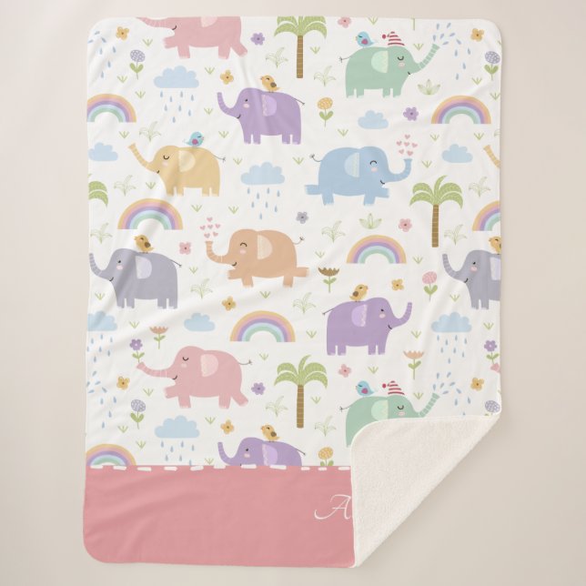 Couverture Sherpa Pink Pastel Elephant Motif pour petite fille (Devant)