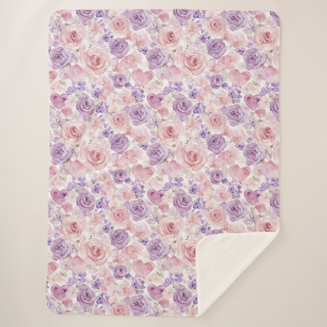 Couverture Sherpa Pink Purple Blush Flowers Hearts Valentine's Day (Devant)