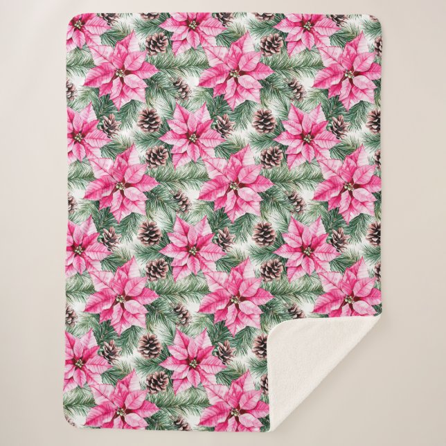 Couverture Sherpa Pink Silver Glam Poinsettia Flowers Christmas (Devant)