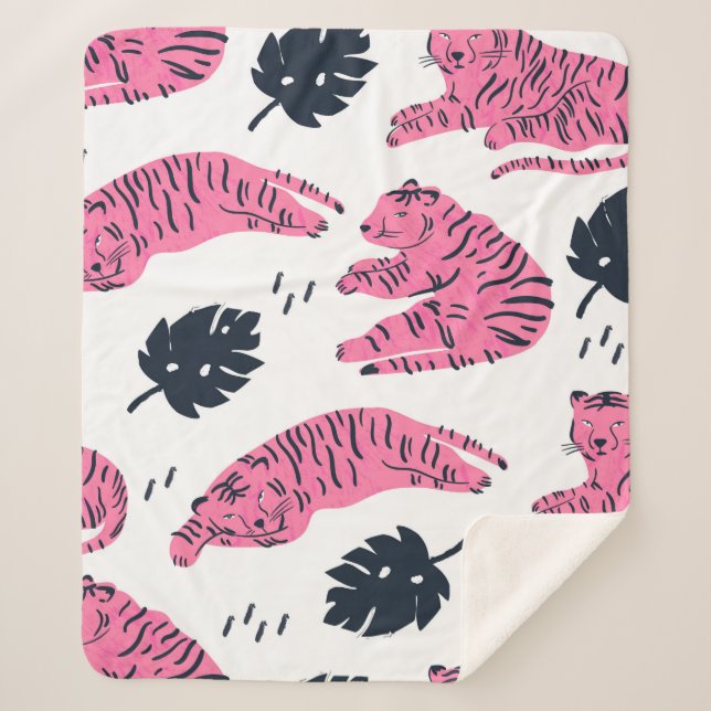 Couverture Sherpa Pink tiger lies in various positions. Tropical lea (Devant)