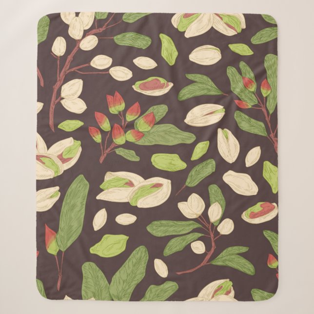 Couverture Sherpa pistache sans joint motif avec noix, coquilles, so (Devant)