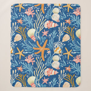 Couverture Sherpa Plage Rétro Coquillages Orange Rose Jaune Bleu