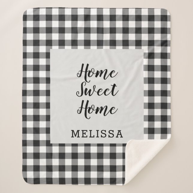Couverture Sherpa Plat noir blanc En vichy personnalisé (Devant)