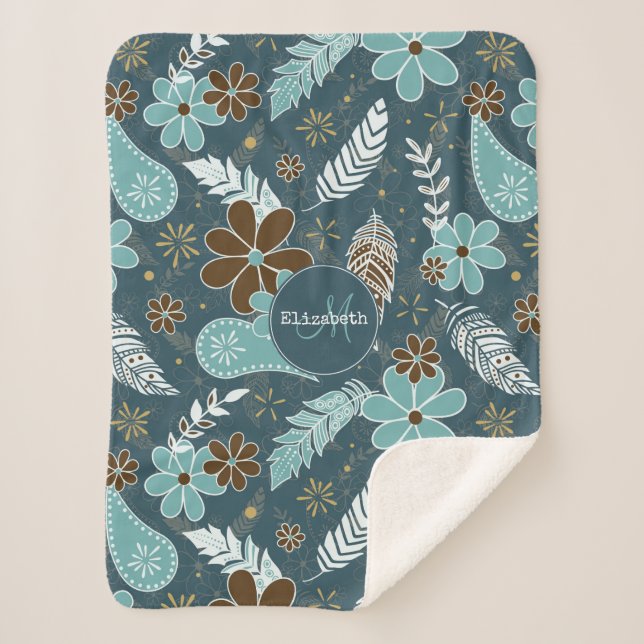 Couverture Sherpa plume fleurie Boho marron turquoise turquoise (Devant)