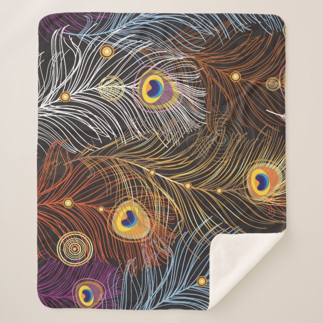 Couverture Sherpa Plumes de paon doré : motif foncé. (Devant)