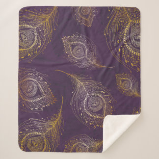 Couverture Sherpa Plumes de paon or en arrière - plan violet