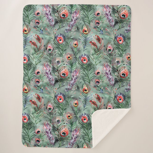 Couverture Sherpa Plumes de paon vert rouge   (Devant)