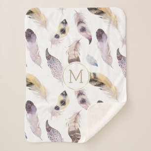 Couverture Sherpa Plumes tribales motif pastel aquarelles