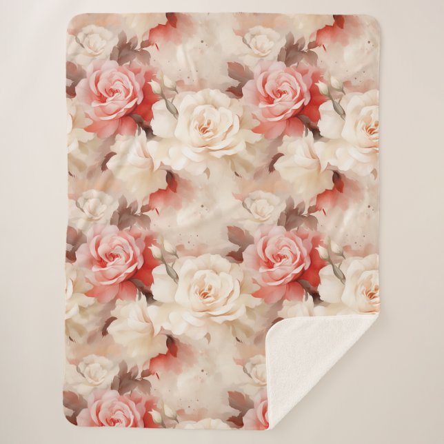 Couverture Sherpa Plutôt rose Crème Bleue Rose Floral (Devant)