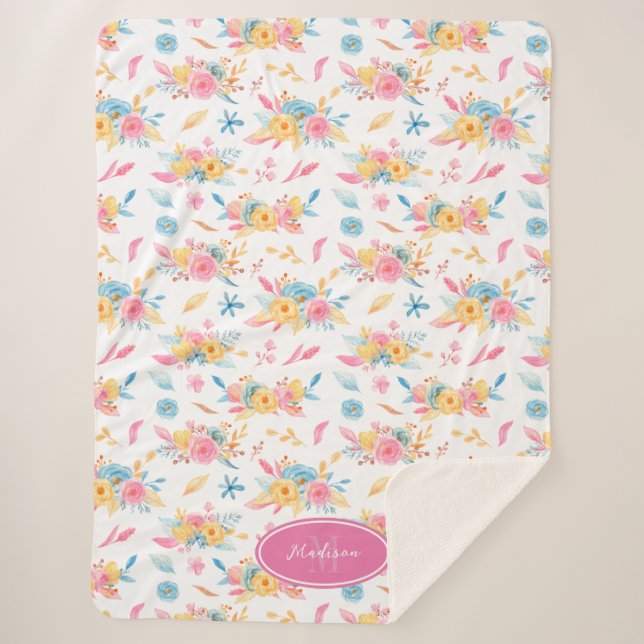 Couverture Sherpa Plutôt rose Motif Floral Monogramme (Devant)