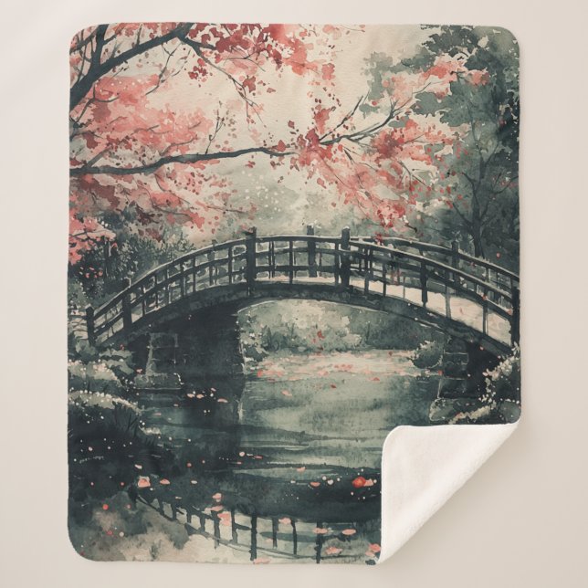 Couverture Sherpa Pont Cherry Blossom Sumi-E Paysage (Devant)