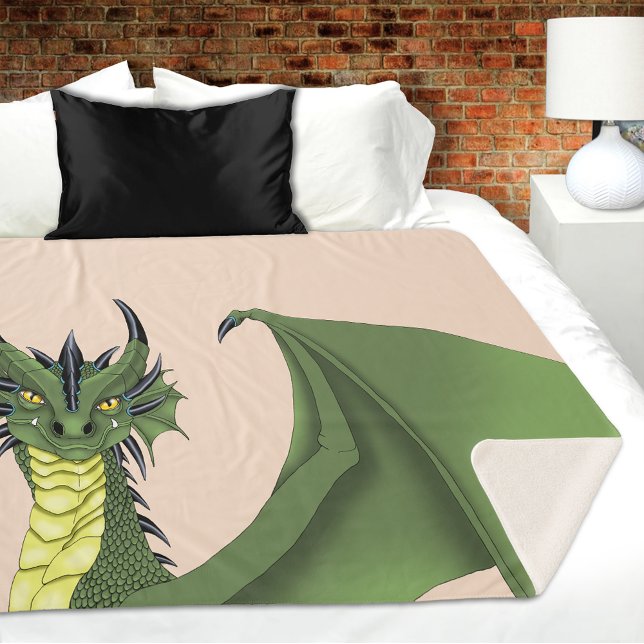 Couverture Sherpa Portrait de dragon mignon vert Fantaisie pêche  (Créateur téléchargé)