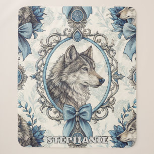Couverture Sherpa Portrait de loup d'hiver en cadre bleu et gris ora