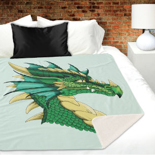 Couverture Sherpa Portrait de tête de dragon vert émeraude Fantastiq