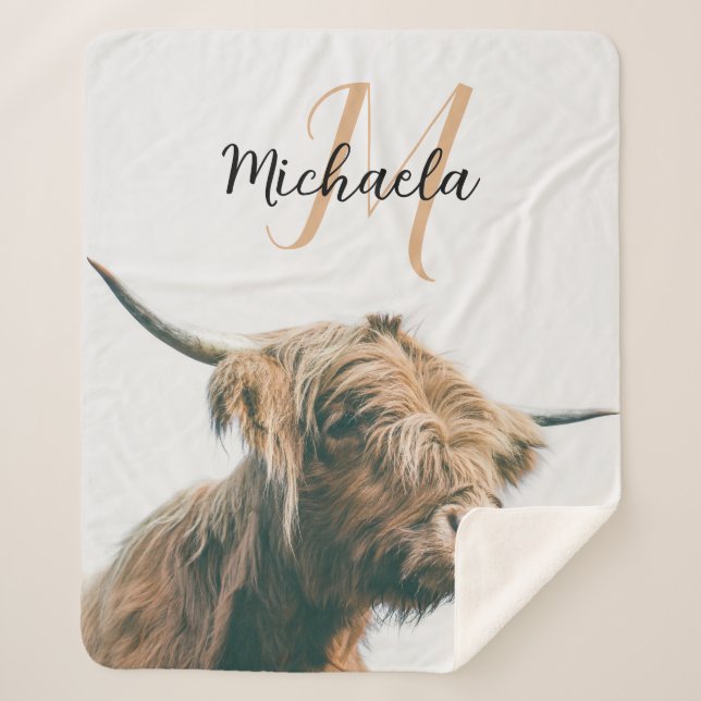 Couverture Sherpa Portrait de vache Highland nom personnalisé monogr (Devant)