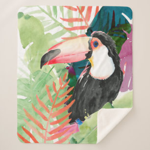Couverture Sherpa Portrait toucan avec Feuilles tropicaux
