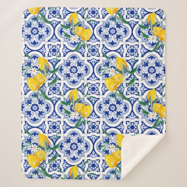 Couverture Sherpa Portuguese tiles,lemons,fruits,summer art        (Devant)