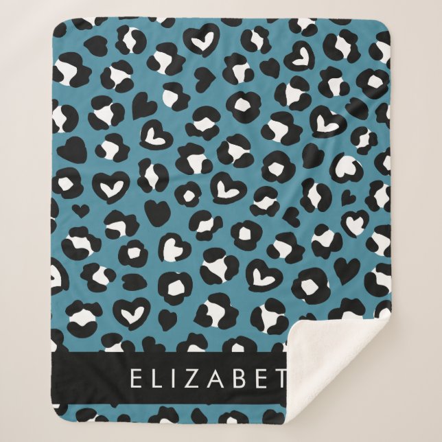 Couverture Sherpa Poster de animal, Léopard Bleu, Coeurs, Votre Nom (Devant)