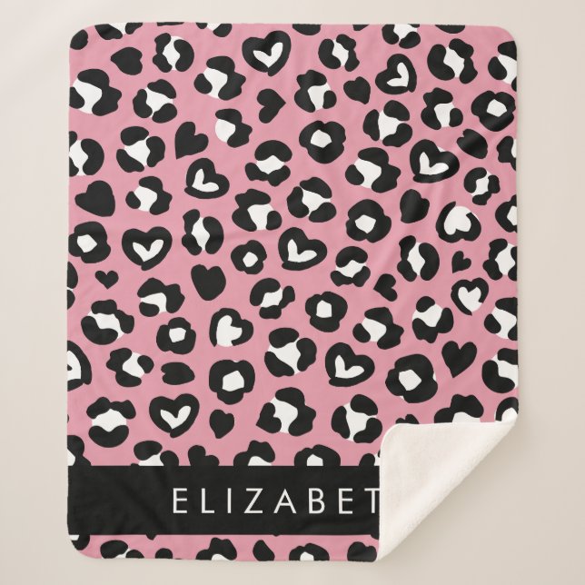 Couverture Sherpa Poster de animal, Léopard Rose, Coeurs, Votre Nom (Devant)