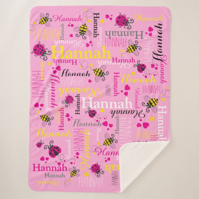 Couverture Sherpa Pouilles roses abeilles coeurs filles nom personna (Devant)