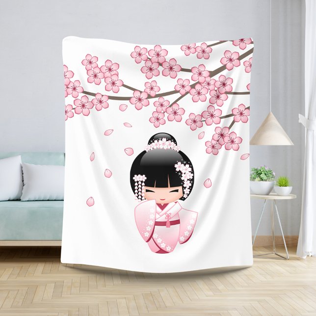 Couverture Sherpa Poupée blanche Kimono Kokeshi - mignonne Geisha Gi (Créateur téléchargé)