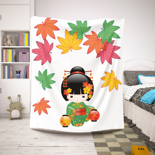Couverture Sherpa Poupée Kokeshi d'automne - Fille Geisha en Kimono